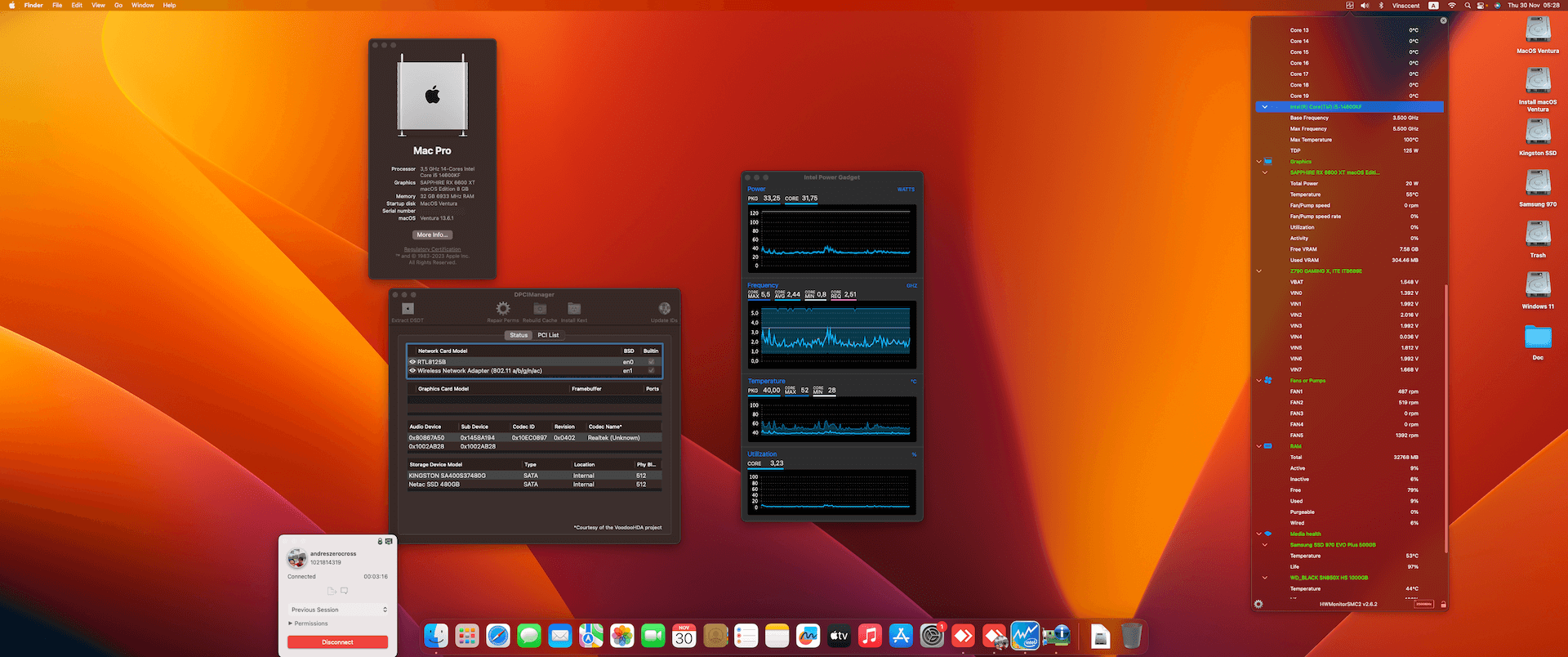 Success Hackintosh macOS Ventura 13.6.1 Build 22G313 in Gigabyte Z790 Gaming X + Intel Core i5 14600KF + Sapphire RX 6600 XT